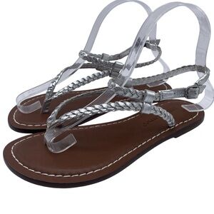 Bernardo Womens Shoes Leather Thong Sandals Sz 6 Silver Flat Braided Casual Chic